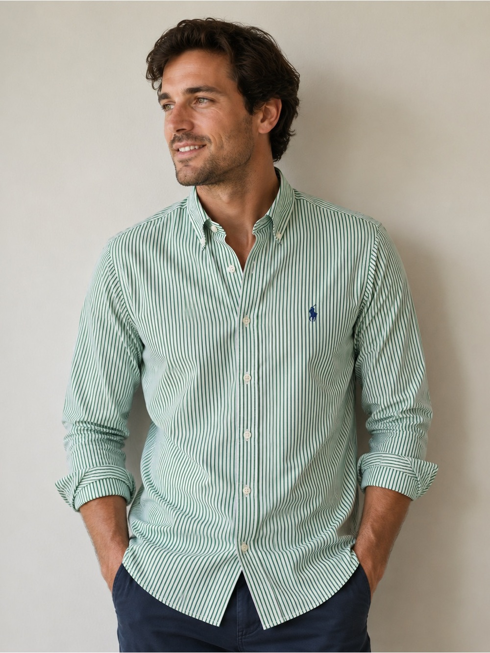 Ralph Lauren Green, Blue and White Striped Dress Shirt. Big/Tall.